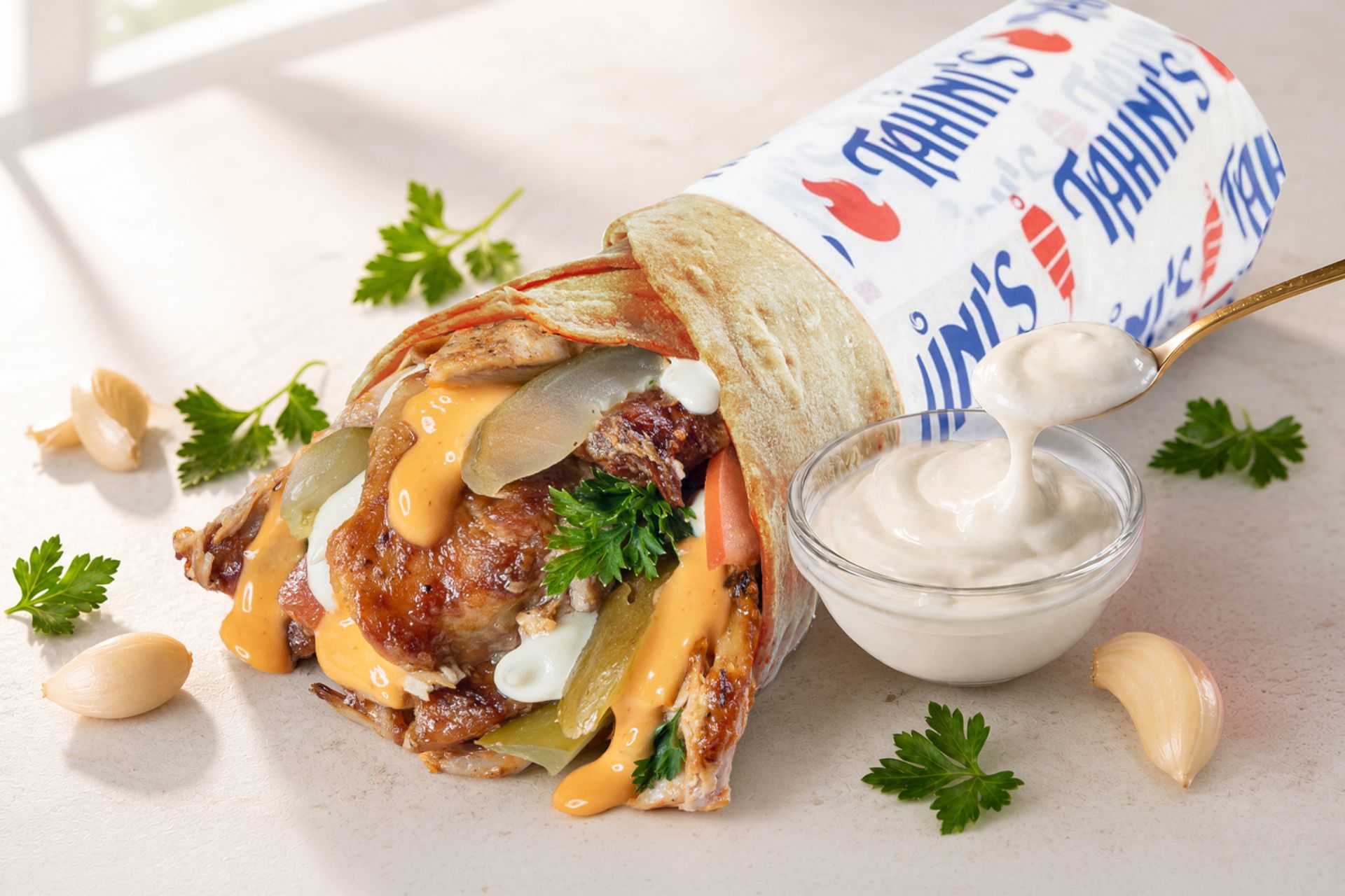 A packed chicken shawarma wrap next to a small glass bowl of creamy garlic sauce being spooned up, surrounded by fresh garlic cloves and parsley.